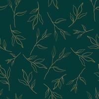 Seamless pattern of golden line leaves on green background. vector
