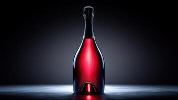 A striking red sparkling wine bottle stands against a dark backdrop, showcasing its elegance photo