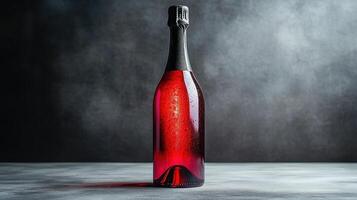 A striking bottle of sparkling red wine stands upright, exuding elegance in a moody ambiance photo