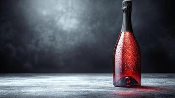A stunning bottle of sparkling red drink showcases bubbles and reflections in a moody setting photo
