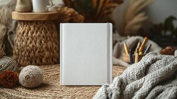 A tranquil setting features a blank journal, soft yarn, and warm elements inviting creativity photo