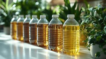 Bottles filled with golden liquid glisten in the sunlight, creating a warm, inviting atmosphere photo
