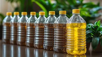 Bottles filled with various liquids display a stunning gradient of colors, highlighting differences photo