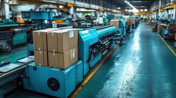 Packages move swiftly on a conveyor belt in a bustling factory, highlighting efficiency photo