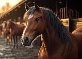 A beautiful horse gazes calmly in a rustic barn during golden hour, surrounded by fellow horses photo