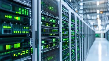 Rows of glowing server racks display intricate technology, emphasizing the power of data processing photo