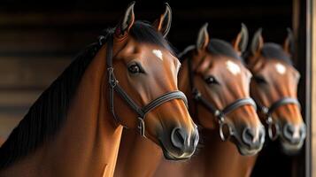 Three majestic horses with glistening coats pose closely in a warm, inviting stable environment photo