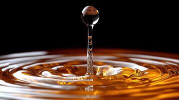 A droplet falls gracefully into a shimmering liquid, sending ripples across a golden surface photo