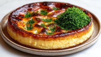 A delicious dessert with a golden crust topped with vibrant green herbs photo