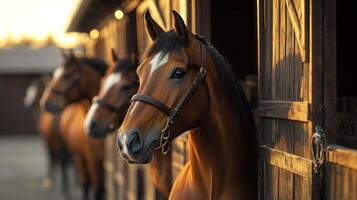 Horses peer curiously from rustic stables as the sun sets, casting a warm glow over the landscape photo