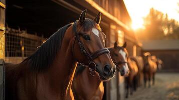 Horses stand proudly in their stables as the sunset paints the sky with warm hues photo