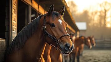 Horses stand gracefully in their stalls, basking in the golden light of sunset photo