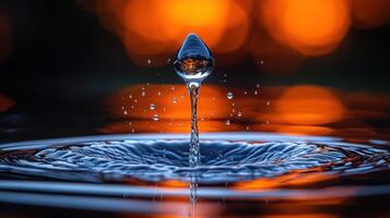 A delicate droplet creates ripples in calm water, reflecting the warm colors of the setting sun photo