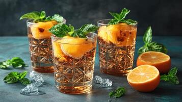 Three sparkling beverages are garnished with fresh mint and citrus on a colorful tabletop photo