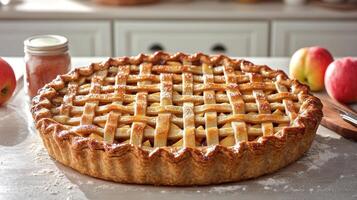 Freshly baked apple pie sits on a kitchen counter surrounded by fresh apples and rustic decor photo