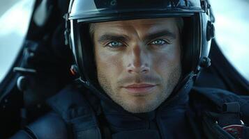 A pilot gazes intently, ready for action in a sleek cockpit, showcasing determination and readiness photo