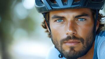 A young athlete displays intense focus with striking blue eyes, ready for a cycling adventure photo