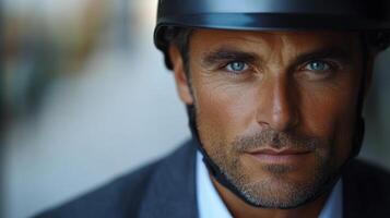 Close-up of a determined man wearing a helmet, showcasing intense blue eyes and sleek style photo