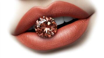 Soft, warm-toned lips cradle a sparkling gemstone, creating a captivating visual harmony photo