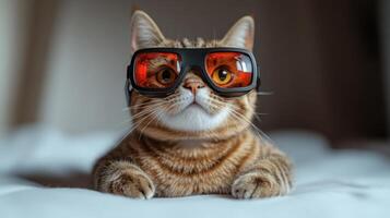 A playful tabby cat in red goggles relaxes on a soft surface, enjoying its cozy space photo