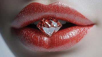 Bold red lips shine with glitter as a dazzling diamond rests delicately between them photo