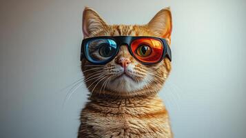 A playful orange cat dons vibrant glasses, exuding a whimsical charm in a cozy indoor setting photo