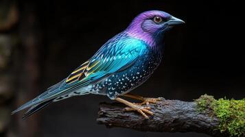 A colorful bird with striking plumage rests gracefully on a mossy log, showcasing nature's beauty photo