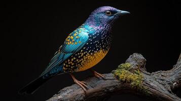 A beautiful bird with striking colors sits gracefully on a moss-covered branch photo