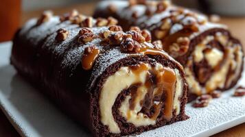 A chocolate roll filled with cream, topped with caramel and nuts, delights the senses photo