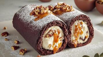 Indulge in the rich flavors of this chocolate roll cake, adorned with caramel and pecans photo