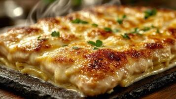 Layers of cheesy lasagna bubble and steam, inviting flavors and delightful aromas to the table photo