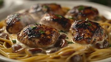 Grilled chicken atop creamy pasta, garnished with fresh herbs for a delicious experience photo