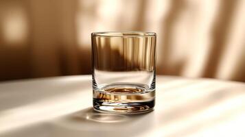 A clear glass sits on a smooth surface, capturing gentle sunlight and subtle reflections photo