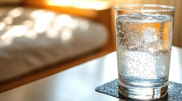 A glass of sparkling water on a coaster reflects sunlight, creating a serene vibe photo
