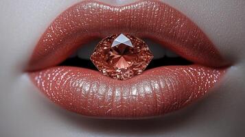 Luscious lips adorned with a shimmering gemstone create a striking balance of art and allure photo