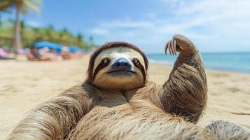 A cheerful sloth lounges on the warm sand, soaking up the sun and enjoying the serene ocean view photo