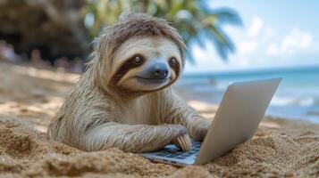 A sloth relaxes on a sandy beach, using a laptop with palm trees and waves nearby photo