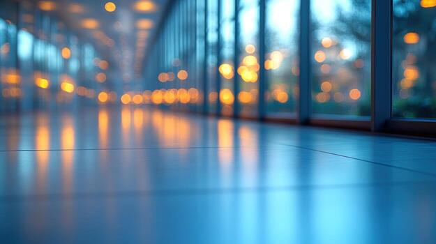 Glowing lights illuminate a sleek corridor at dusk, creating a tranquil and inviting atmosphere photo