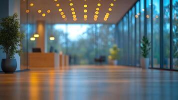 Soft glowing lights illuminate a spacious, contemporary lobby with large windows and wooden floors photo