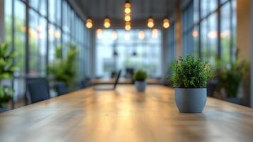 A sleek workspace features a long wooden table adorned with small potted plants and warm lighting photo