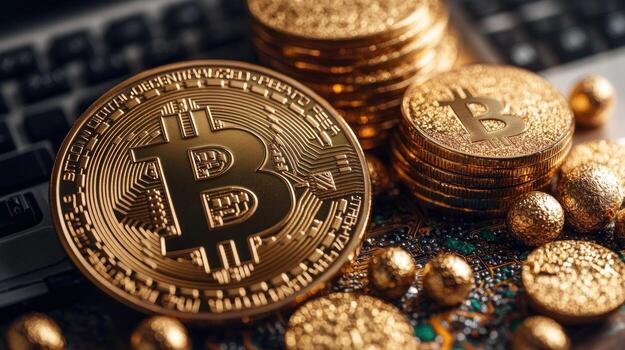 Gleaming bitcoins stack on a patterned surface by a keyboard, symbolizing the digital economy photo