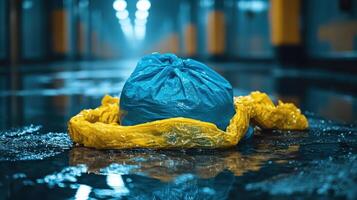 A colorful bag sits on a wet floor in a quiet hallway, reflecting dim light photo