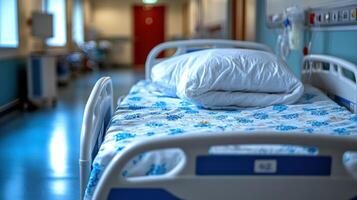 An empty hospital bed awaits a patient in a serene corridor filled with soft light photo