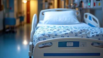 An empty hospital bed in a soft-lit corridor, conveying a sense of calmness photo