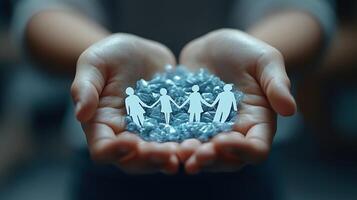 Two hands cradle figures symbolizing togetherness and support among individuals, showcasing unity photo