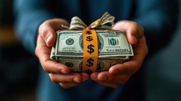 Hands present a neatly wrapped bundle of cash, symbolizing generosity at a giving occasion photo