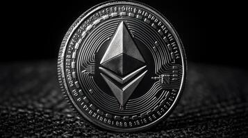 A gleaming ethereum coin displays detailed circuitry and the iconic logo in low light photo