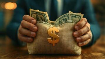 Hands cradle a burlap pouch filled with cash, radiating a sense of abundance and prosperity photo