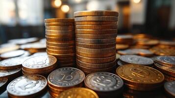 Tall piles of coins catch glimmers of light, creating an inviting atmosphere in a financial space photo