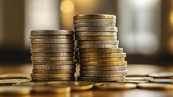Shiny coins are neatly stacked on a wooden surface, reflecting soft, warm light in a cozy setting photo